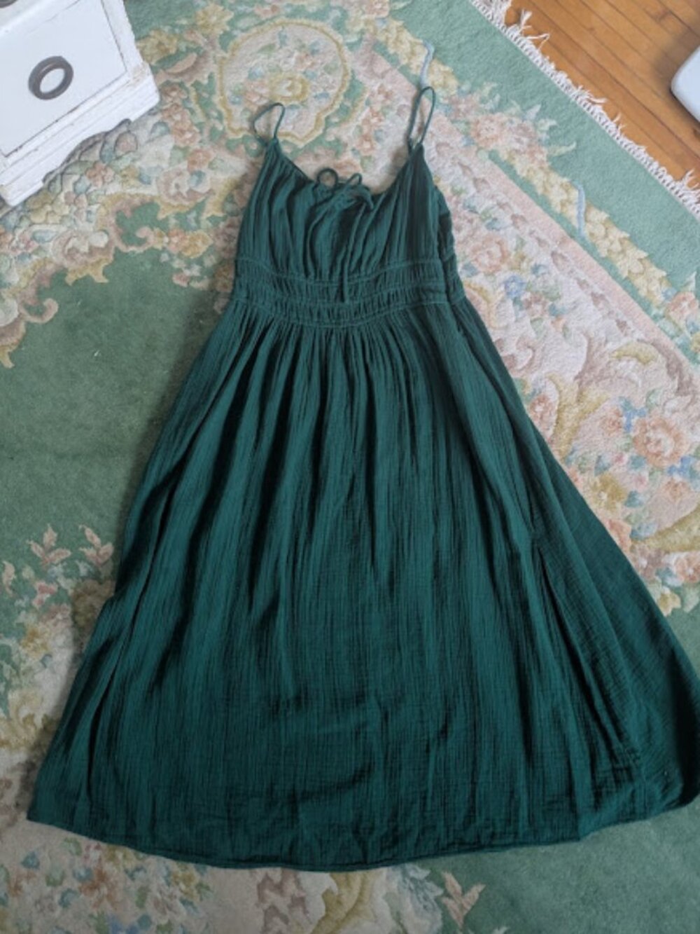 GAP Women Sz XL Dress Rainforest Green Tie Front Maxi Gauze Smocking Pockets